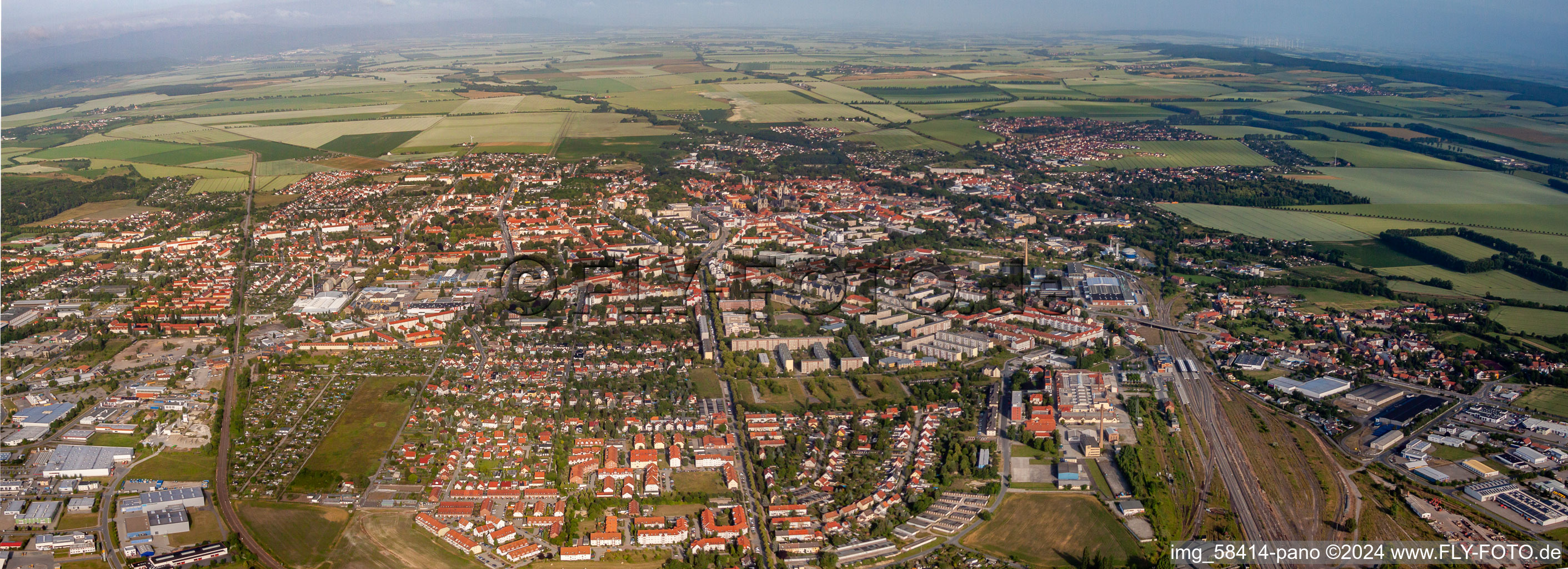 Panoramic perspective City area with outside districts and inner city area in Halberstadt in the state Saxony-Anhalt, Germany