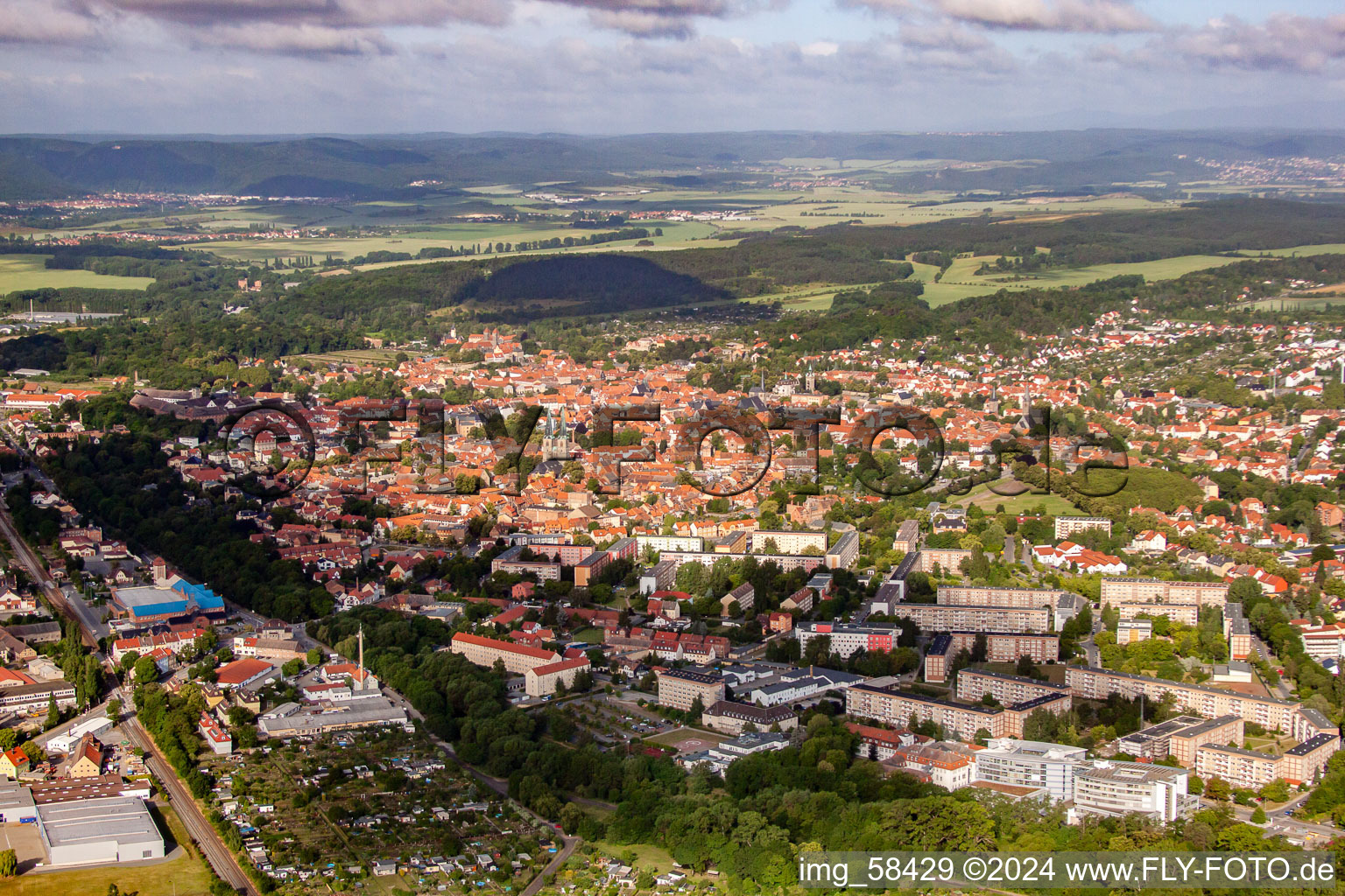 Aerial view of City view of the city area of in Quedlinburg in the state Saxony-Anhalt, Germany