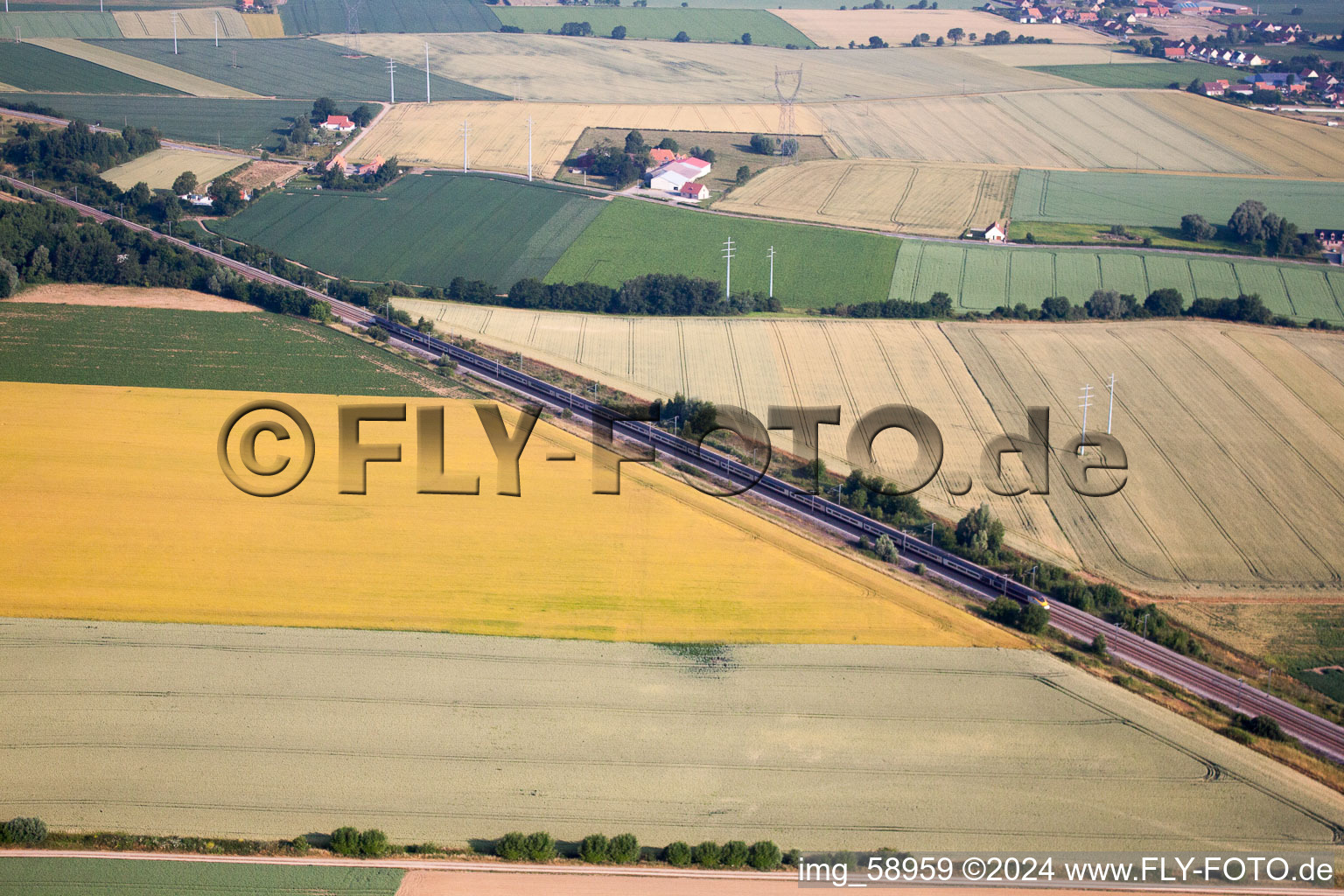 Aerial photograpy of Eurostar at Wulverdinghe in Millam in the state North, France