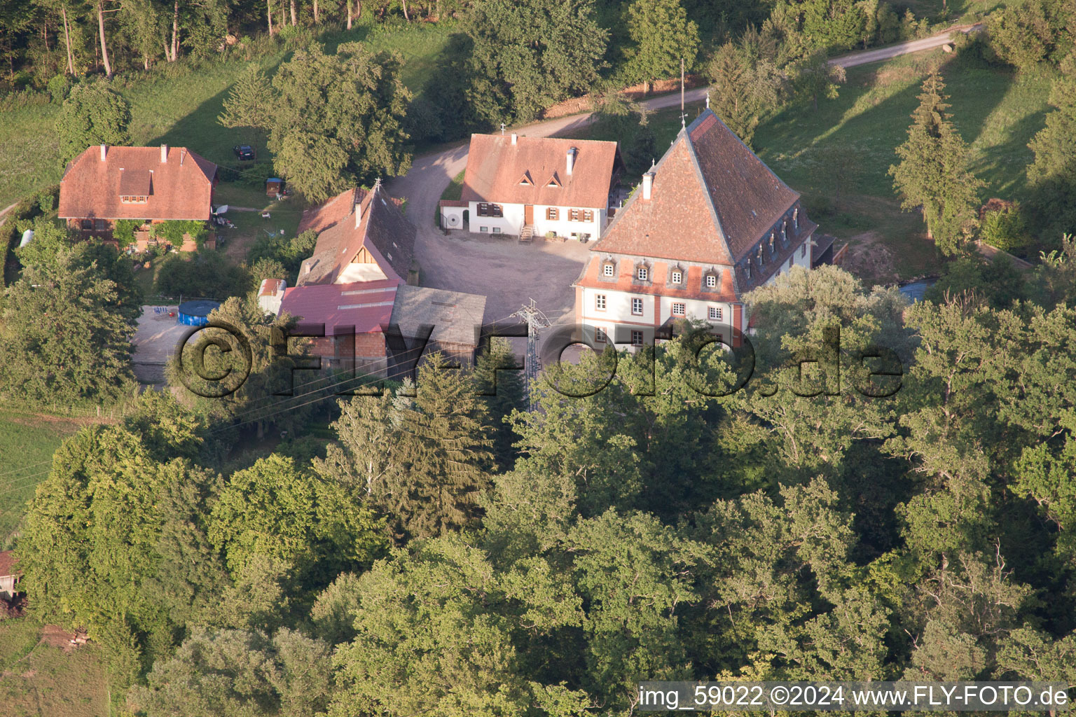 Bienwaldmühle in the state Rhineland-Palatinate, Germany from above