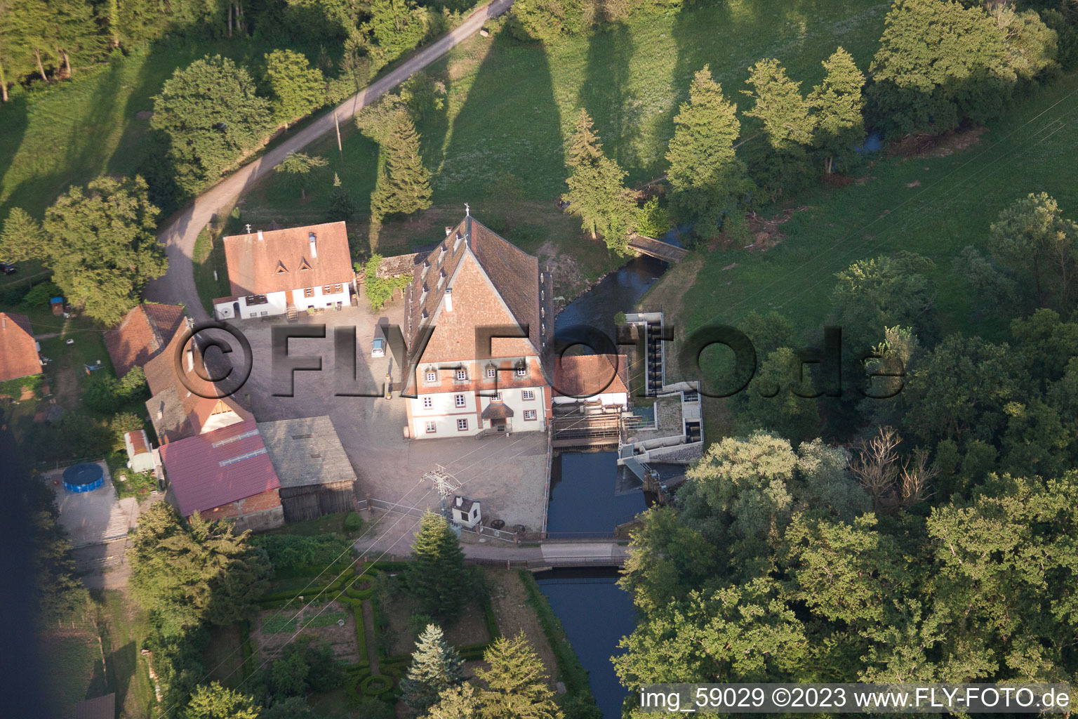 Bird's eye view of Bienwaldmühle in the state Rhineland-Palatinate, Germany