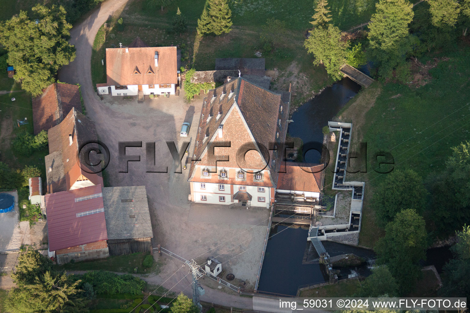 Bienwaldmühle in the state Rhineland-Palatinate, Germany viewn from the air