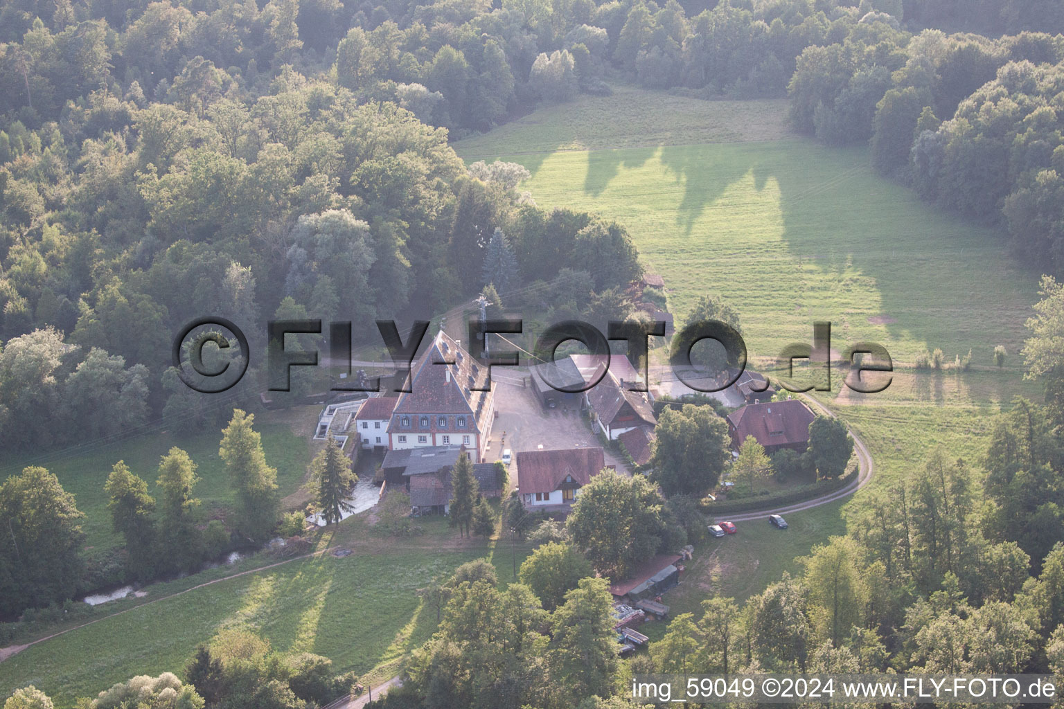 Bienwaldmühle in the state Rhineland-Palatinate, Germany seen from above