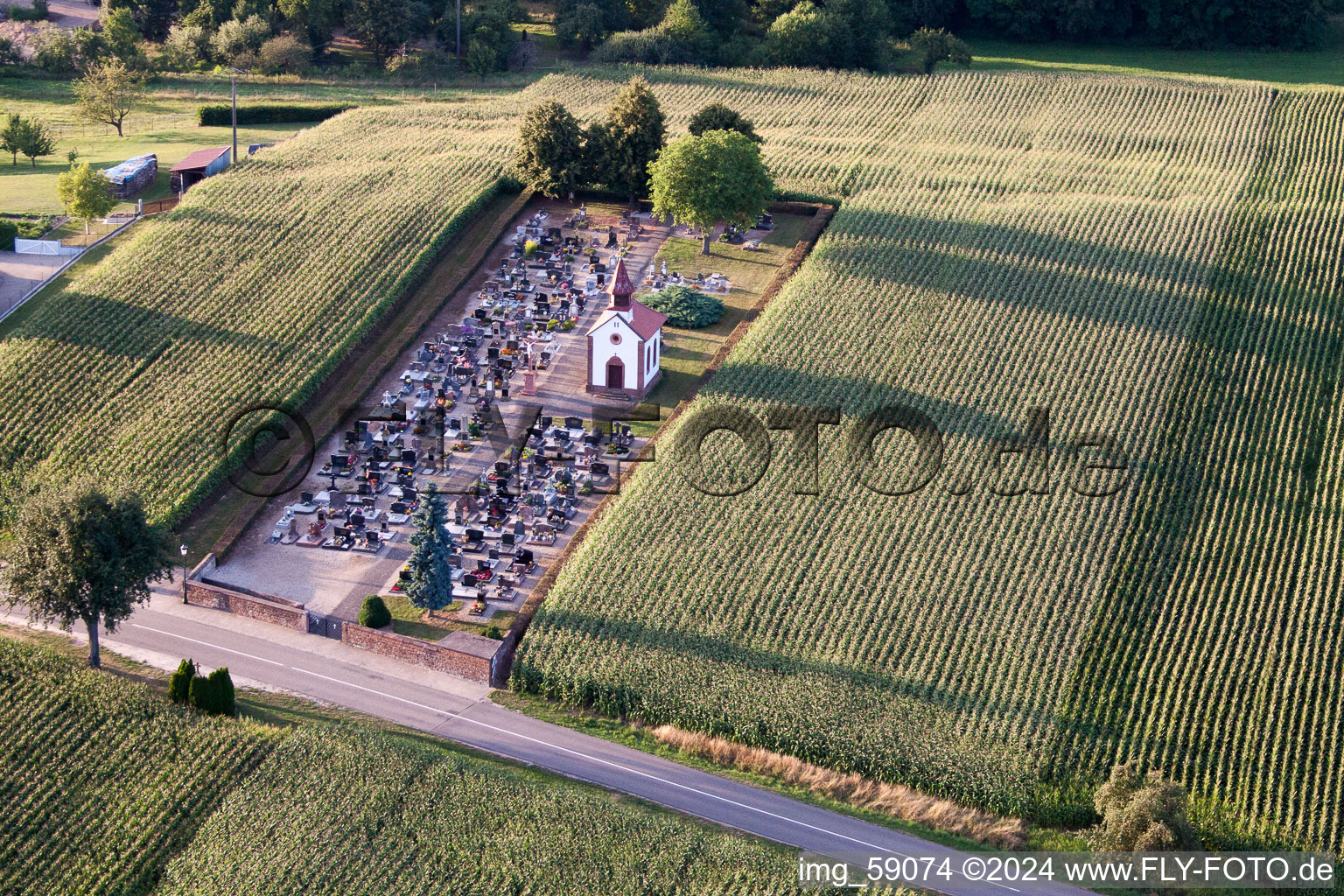 Aerial view of Churches building the chapel in Salmbach in Grand Est, France