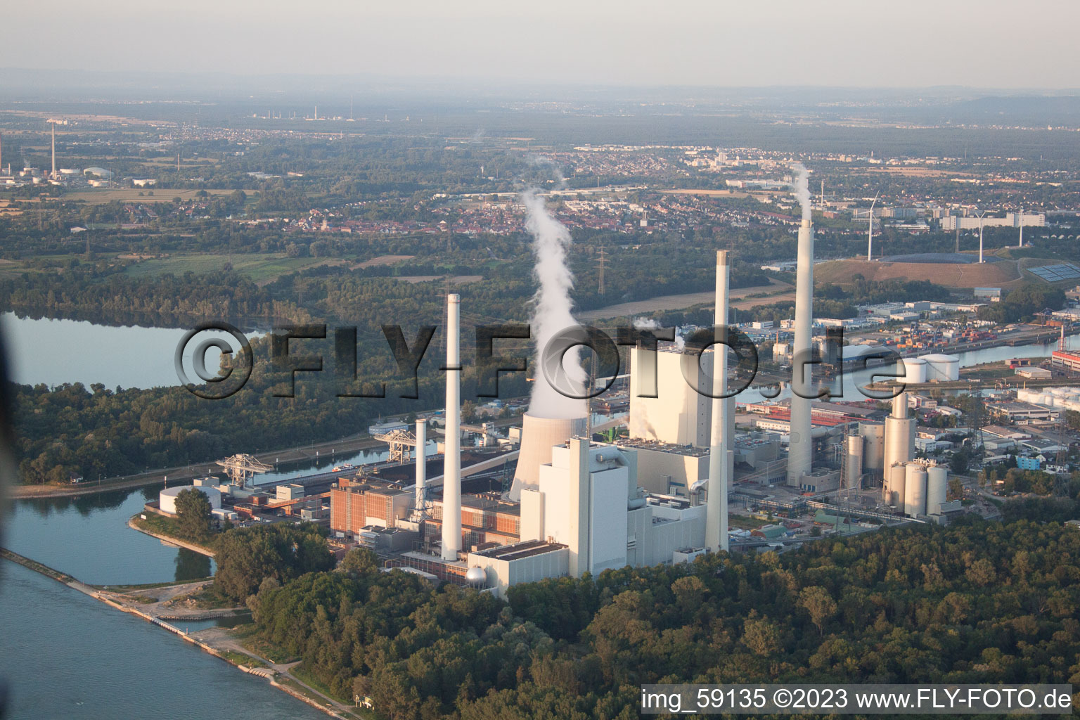 Aerial view of ENBW power plant on the Rhine in the district Rheinhafen in Karlsruhe in the state Baden-Wuerttemberg, Germany