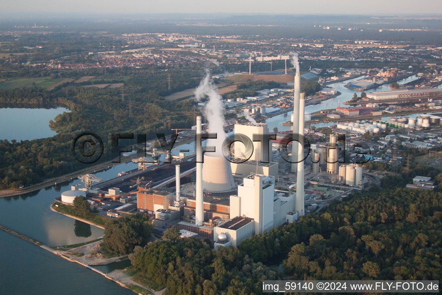 Aerial view of ENBW power plant on the Rhine in the district Daxlanden in Karlsruhe in the state Baden-Wuerttemberg, Germany