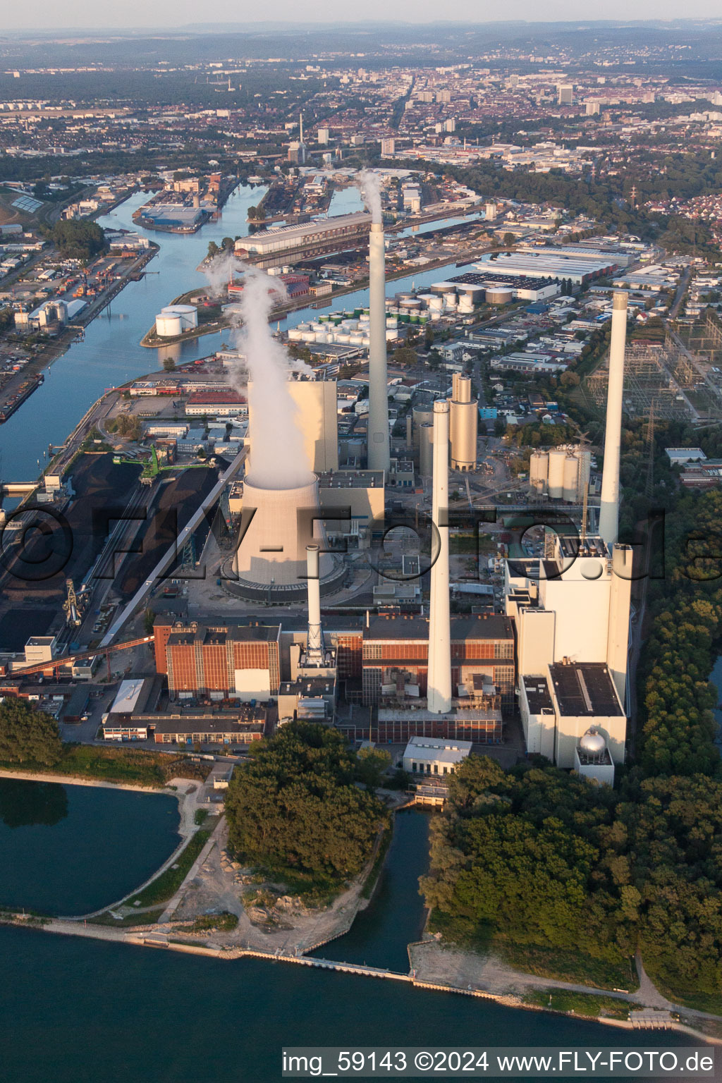 Aerial photograpy of ENBW power plant on the Rhine in the district Daxlanden in Karlsruhe in the state Baden-Wuerttemberg, Germany