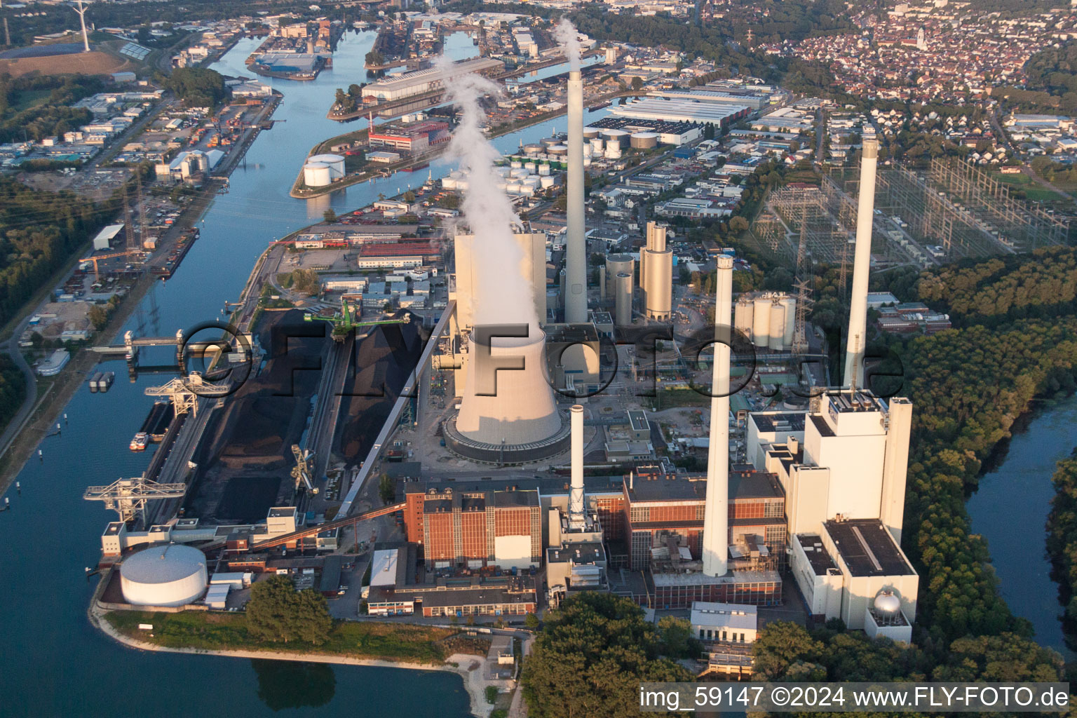 Oblique view of ENBW power plant on the Rhine in the district Daxlanden in Karlsruhe in the state Baden-Wuerttemberg, Germany