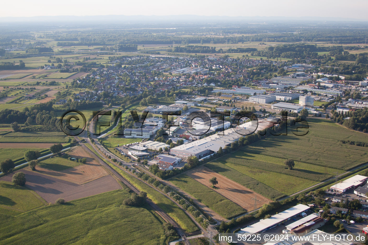 Industrial area in the district Vimbuch in Bühl in the state Baden-Wuerttemberg, Germany from above