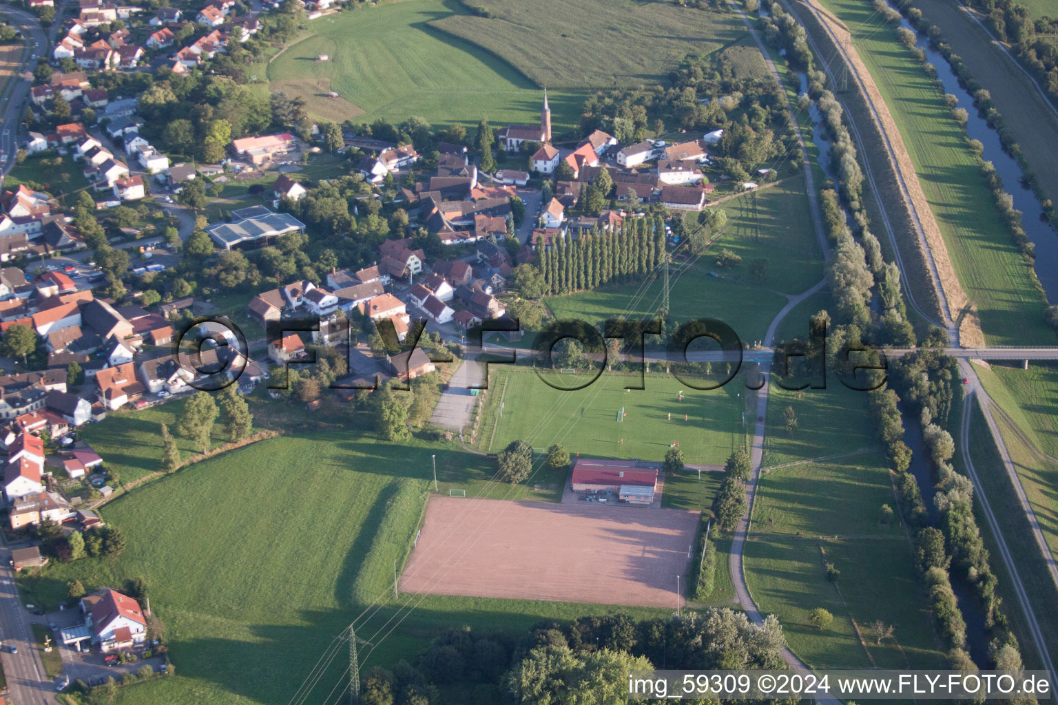 Village on the river bank areas of the Kinzig river in the district Buehl in Offenburg in the state Baden-Wurttemberg, Germany