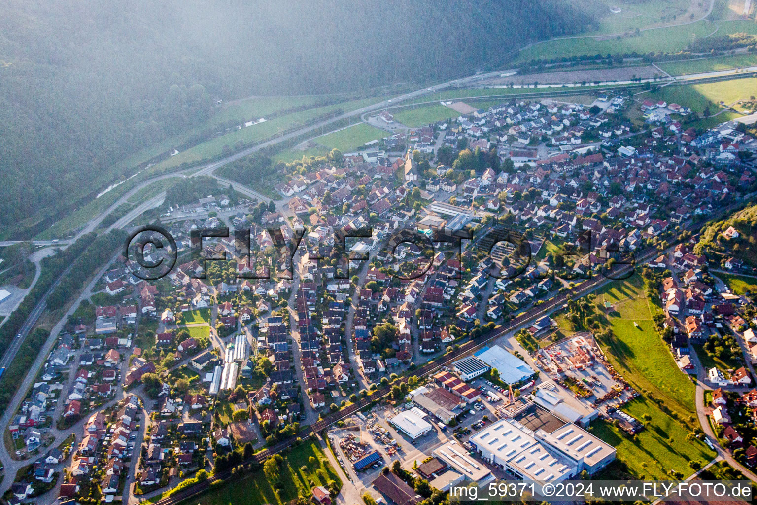 Village on the river bank areas of the Kinzig river in Steinach in the state Baden-Wurttemberg, Germany