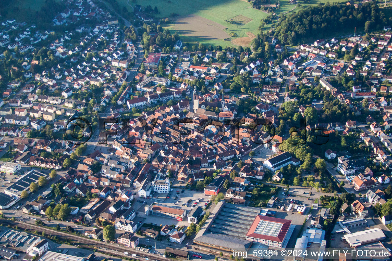 Aerial view of Old Town area and city center in Haslach im Kinzigtal in the state Baden-Wurttemberg, Germany