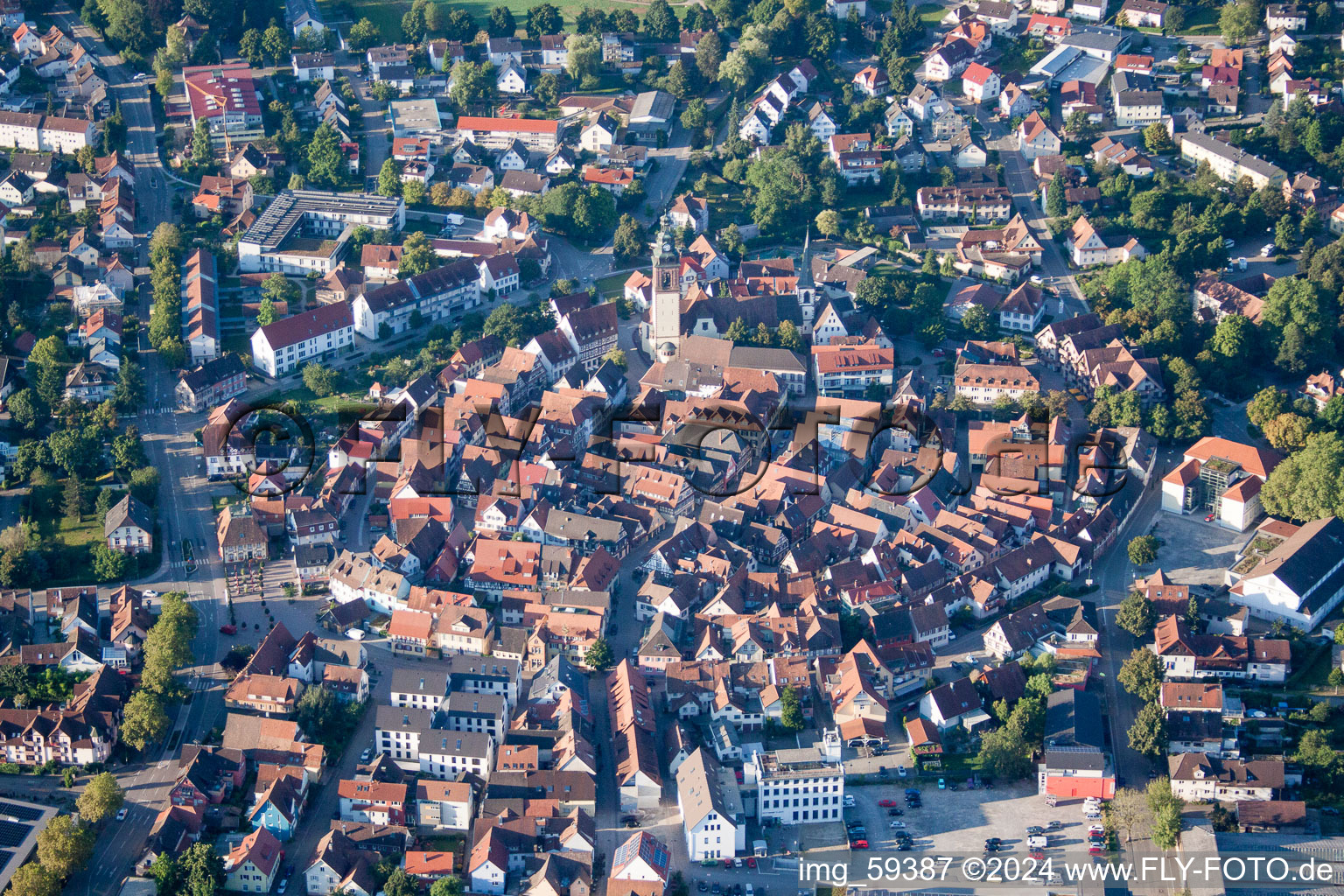 Aerial photograpy of Old Town area and city center in Haslach im Kinzigtal in the state Baden-Wurttemberg, Germany