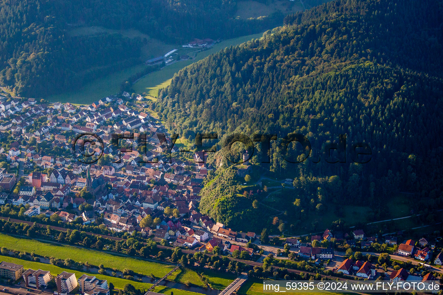 Village on the river bank areas of the Kinzig river in Hausach in the state Baden-Wurttemberg, Germany