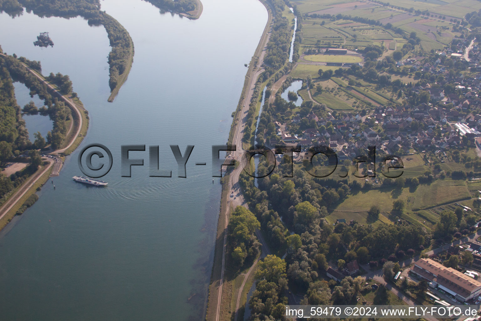 Rhinau in the state Bas-Rhin, France from above