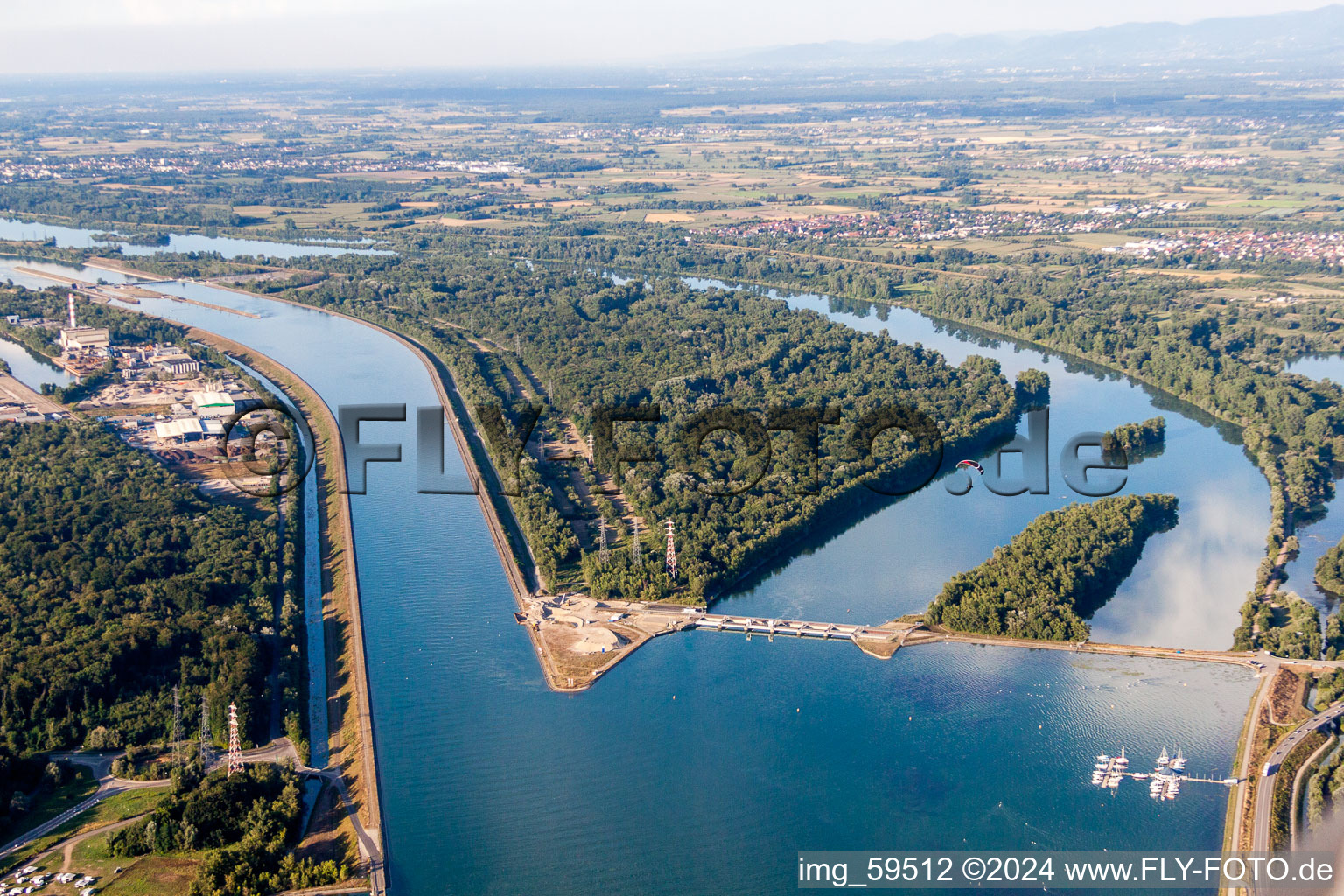 Island and nature reserve Ile du Rohrschollen in the river course of the Rhine river in Strasbourg in Grand Est, France