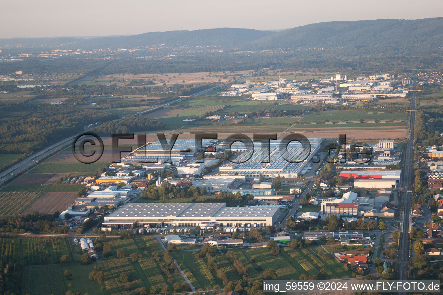 Aerial view of Industrial area W in Muggensturm in the state Baden-Wuerttemberg, Germany