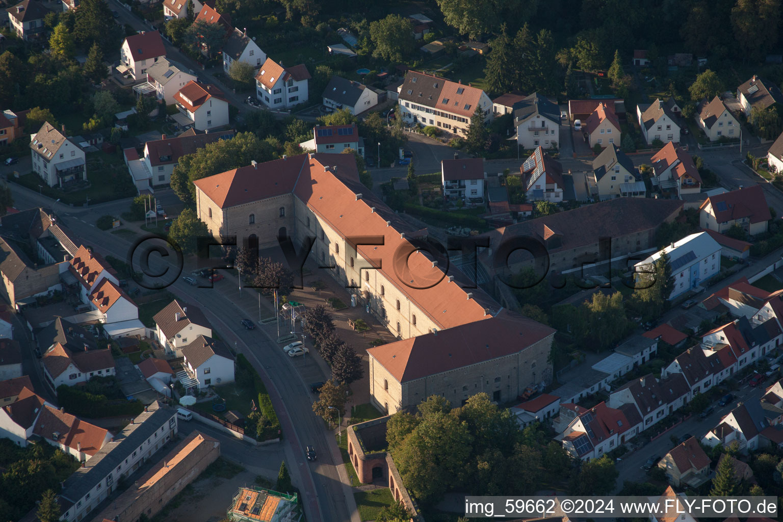 Aerial view of Museum building ensemble of the German Street-Museum in Germersheim in the state Rhineland-Palatinate, Germany