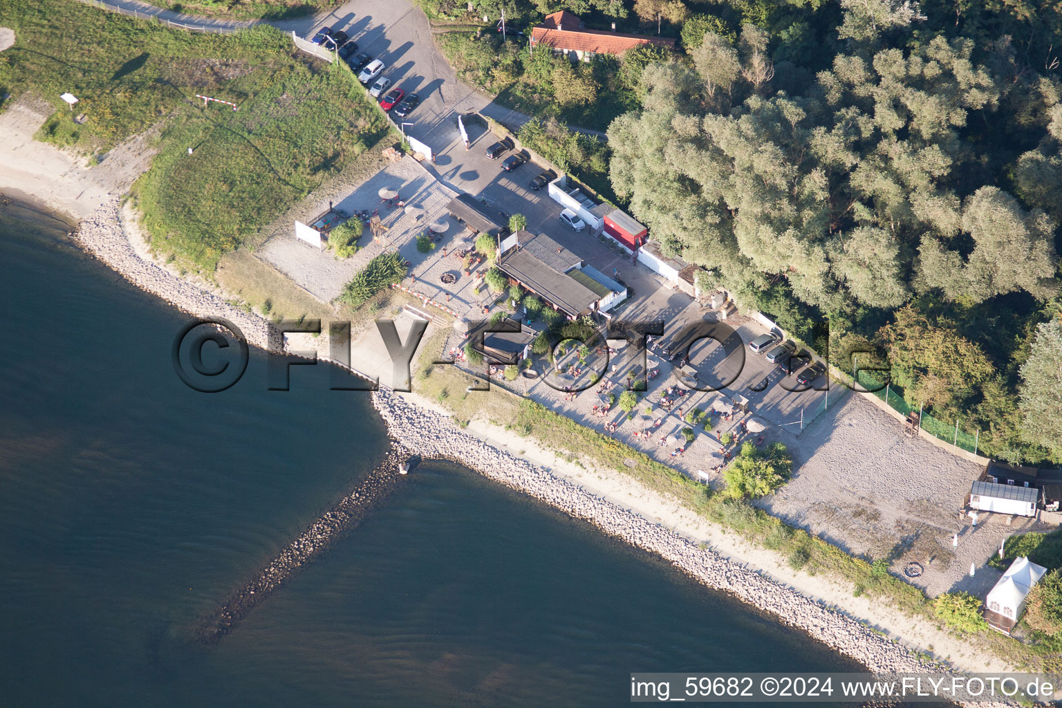 Aerial view of Tropic Beach Island restaurant at the railway bridge in the district Rheinsheim in Philippsburg in the state Baden-Wuerttemberg, Germany