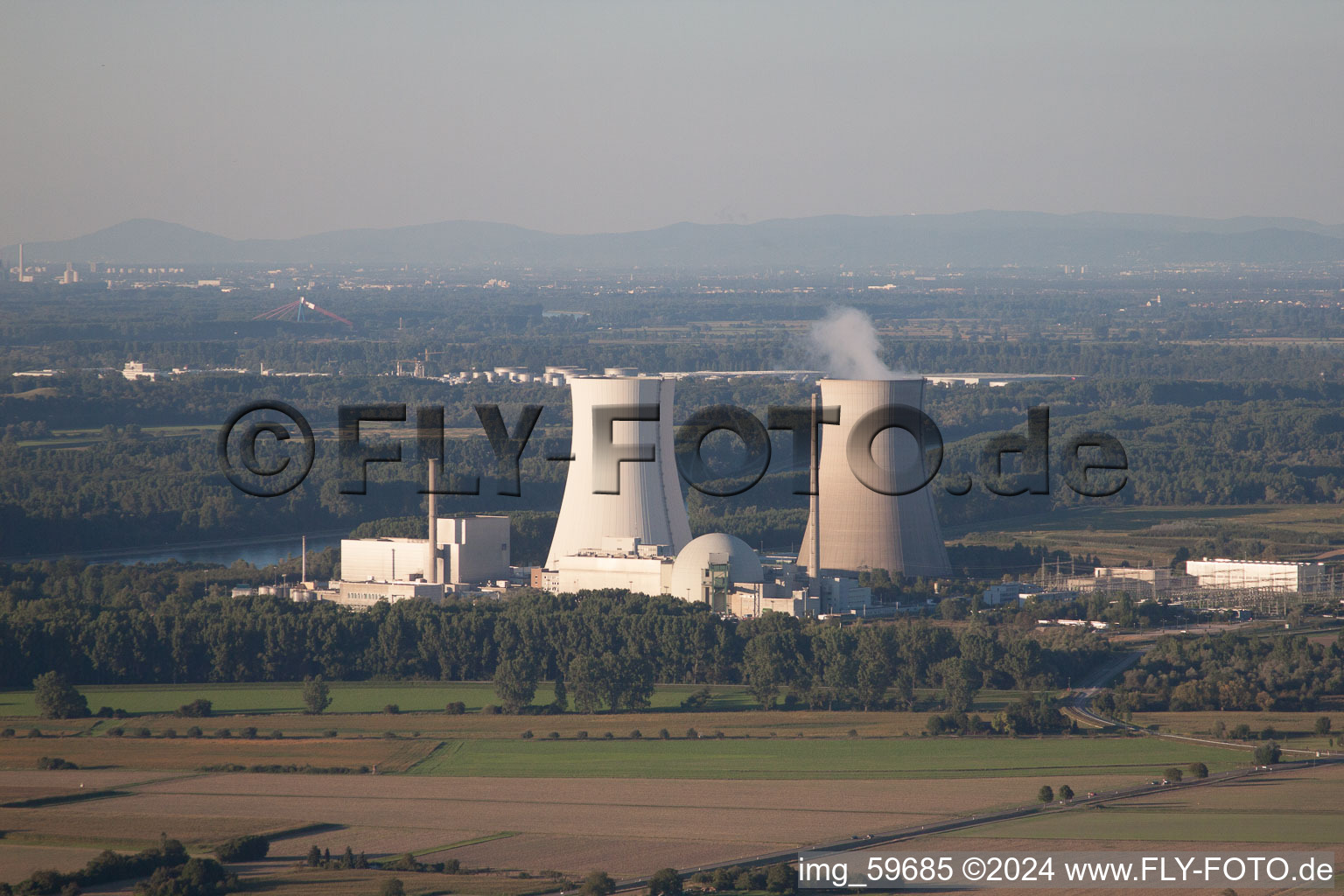 Bird's eye view of Nuclear power plant in Philippsburg in the state Baden-Wuerttemberg, Germany