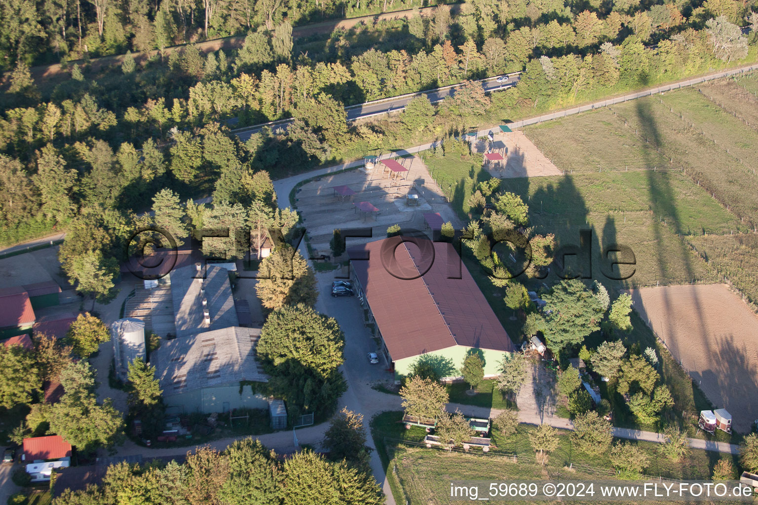 Aerial view of Horse boarding Brecht in the district Huttenheim in Philippsburg in the state Baden-Wuerttemberg, Germany