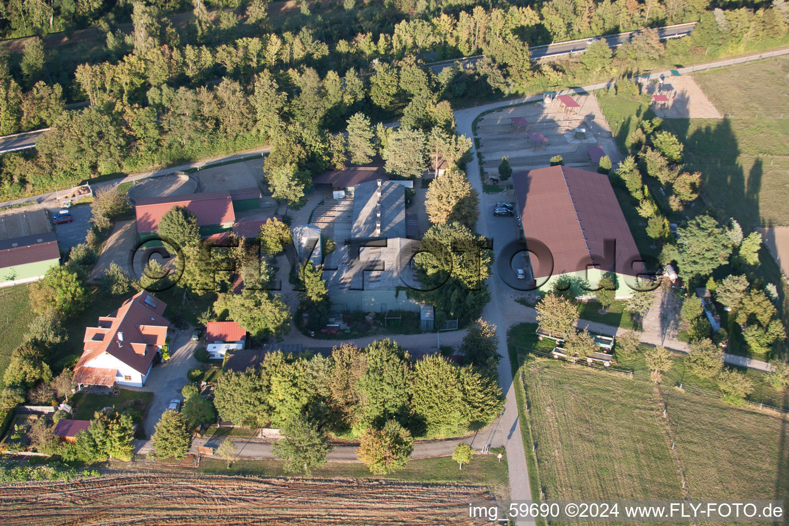 Aerial photograpy of Horse boarding Brecht in the district Huttenheim in Philippsburg in the state Baden-Wuerttemberg, Germany