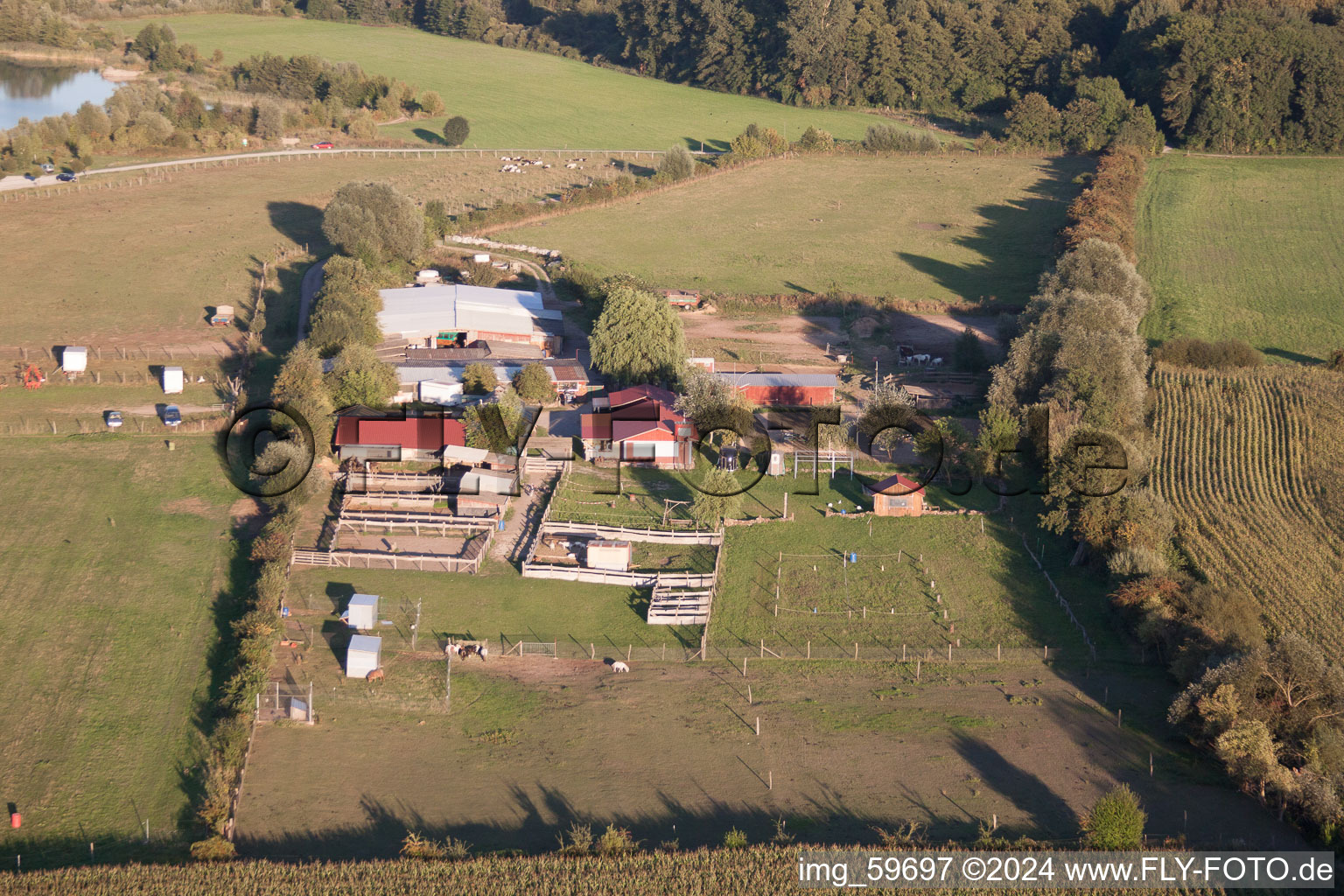 Aerial view of Stork Farm in the district Rußheim in Dettenheim in the state Baden-Wuerttemberg, Germany