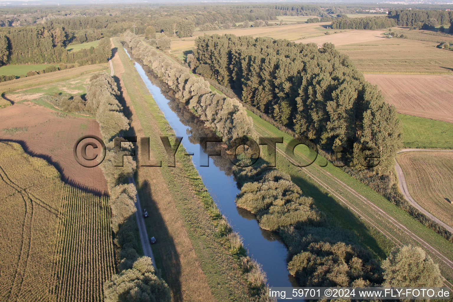 Channel flow and river banks of Saalbach canal in Dettenheim in the state Baden-Wurttemberg