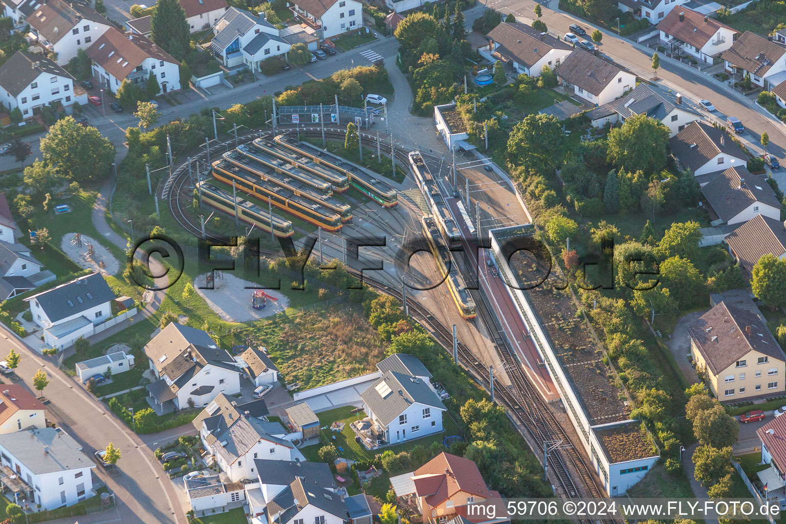 Aerial view of Final TRAM Station in Hochstetten the Public Transportation in the district Hochstetten in Linkenheim-Hochstetten in the state Baden-Wurttemberg, Germany