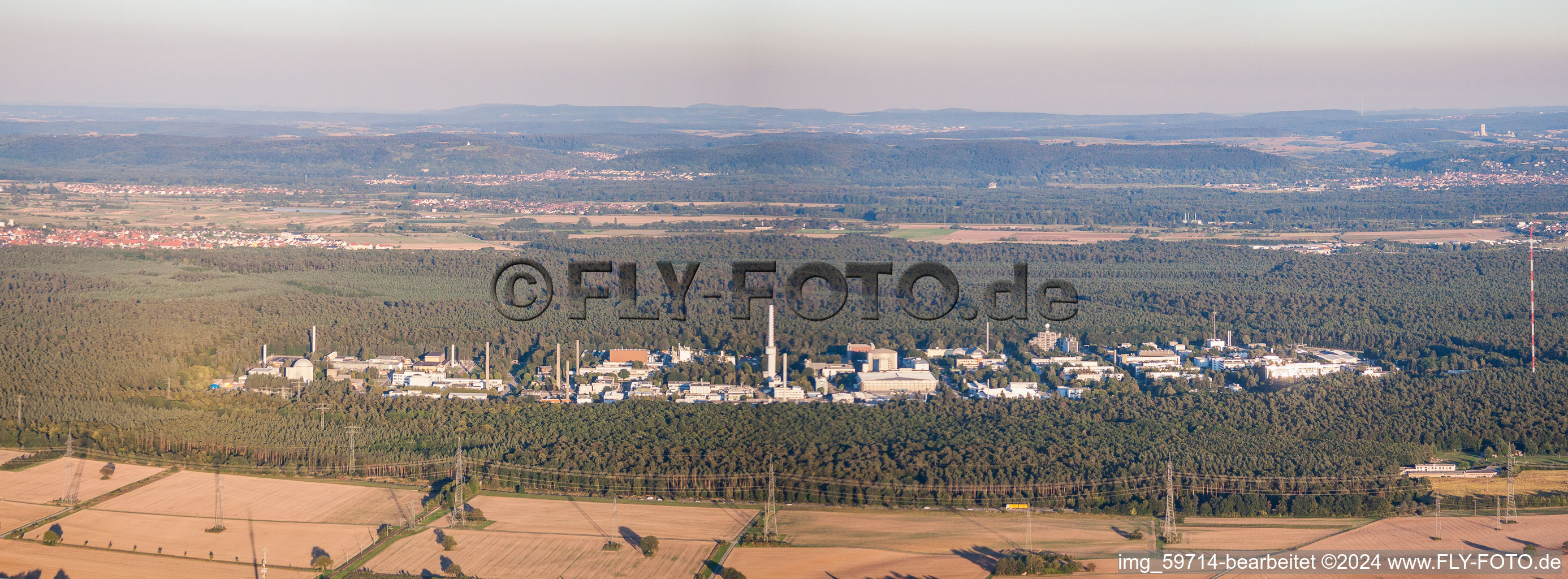 Aerial view of Panoramic perspective of Campus building of the university KIT - Campus Nord (former Nuclear research centre Karlsruhe) in the district Leopoldshafen in Eggenstein-Leopoldshafen in the state Baden-Wurttemberg, Germany