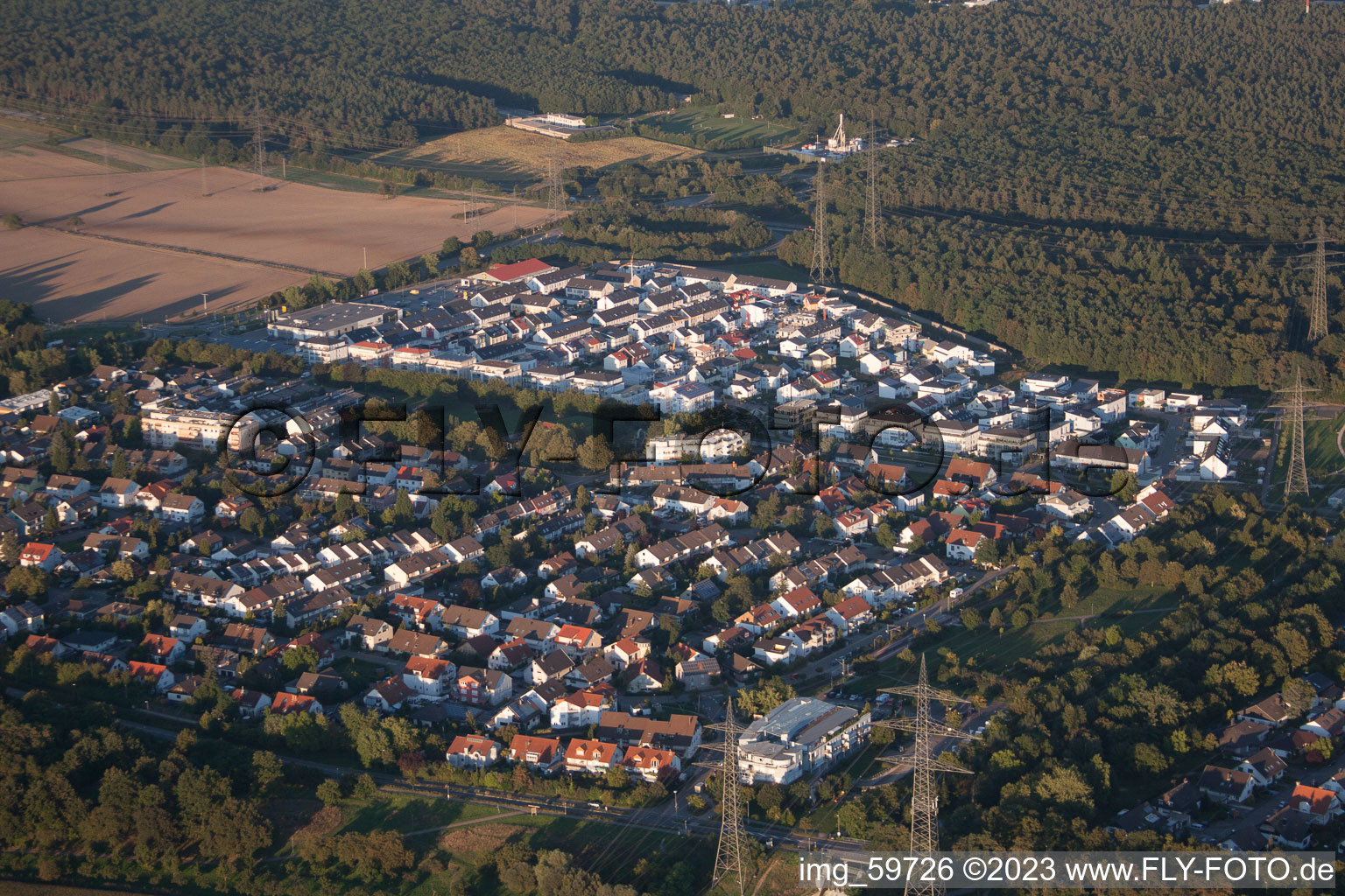 Drone recording of District Leopoldshafen in Eggenstein-Leopoldshafen in the state Baden-Wuerttemberg, Germany