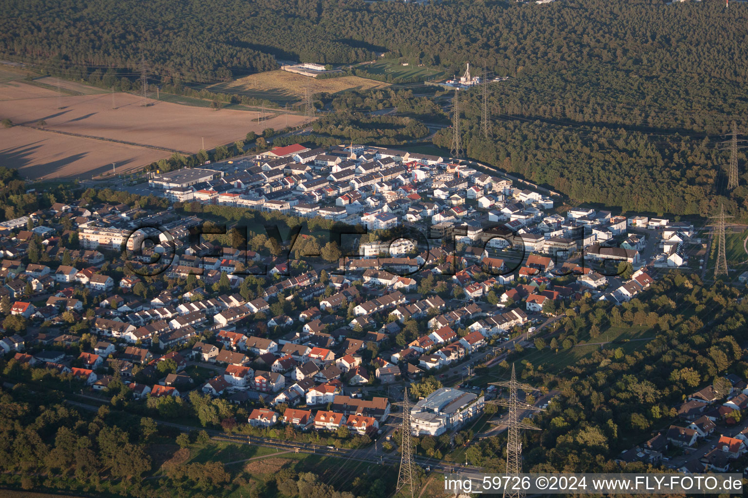 District Leopoldshafen in Eggenstein-Leopoldshafen in the state Baden-Wuerttemberg, Germany viewn from the air