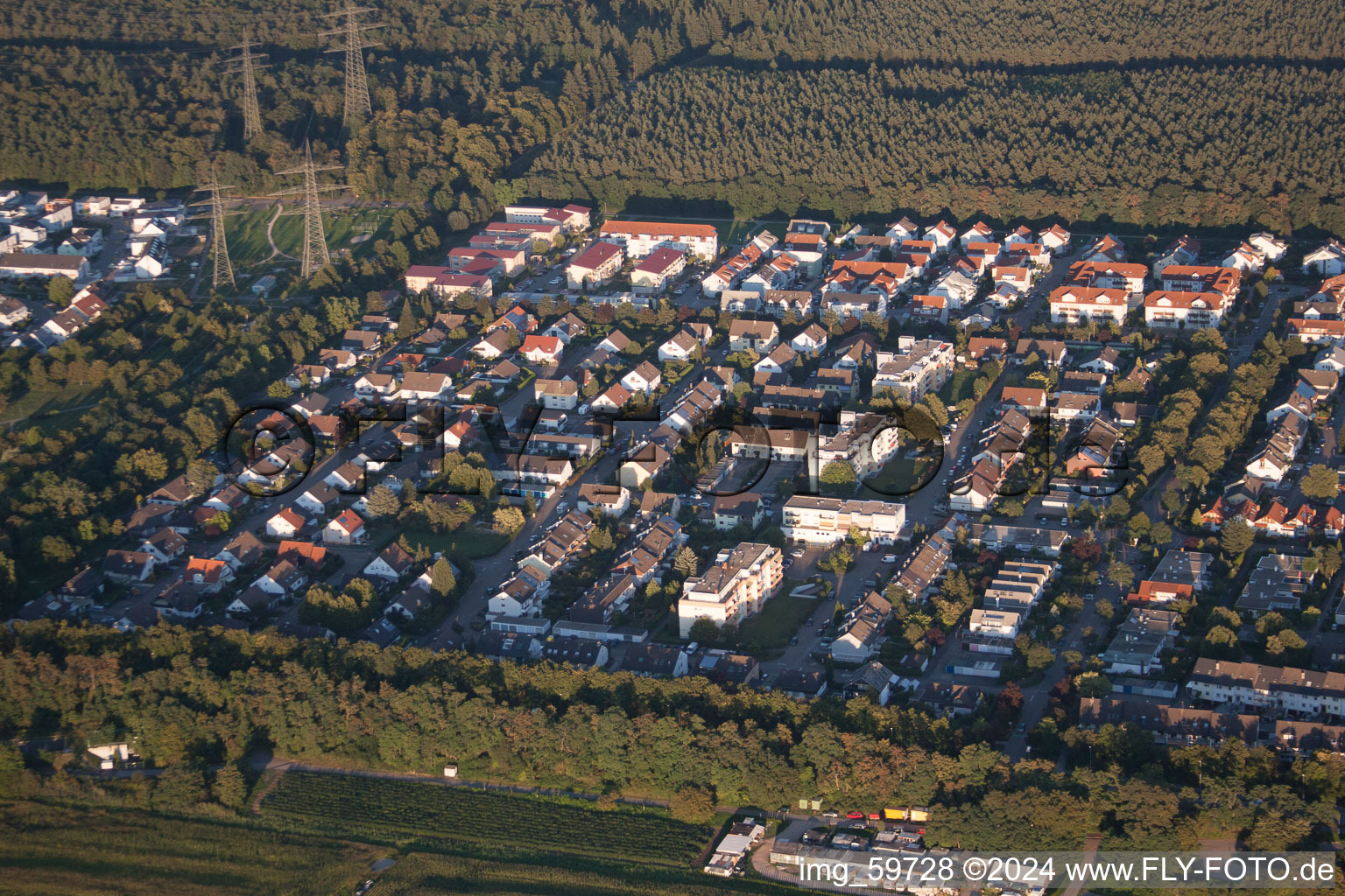 District Eggenstein in Eggenstein-Leopoldshafen in the state Baden-Wuerttemberg, Germany seen from above