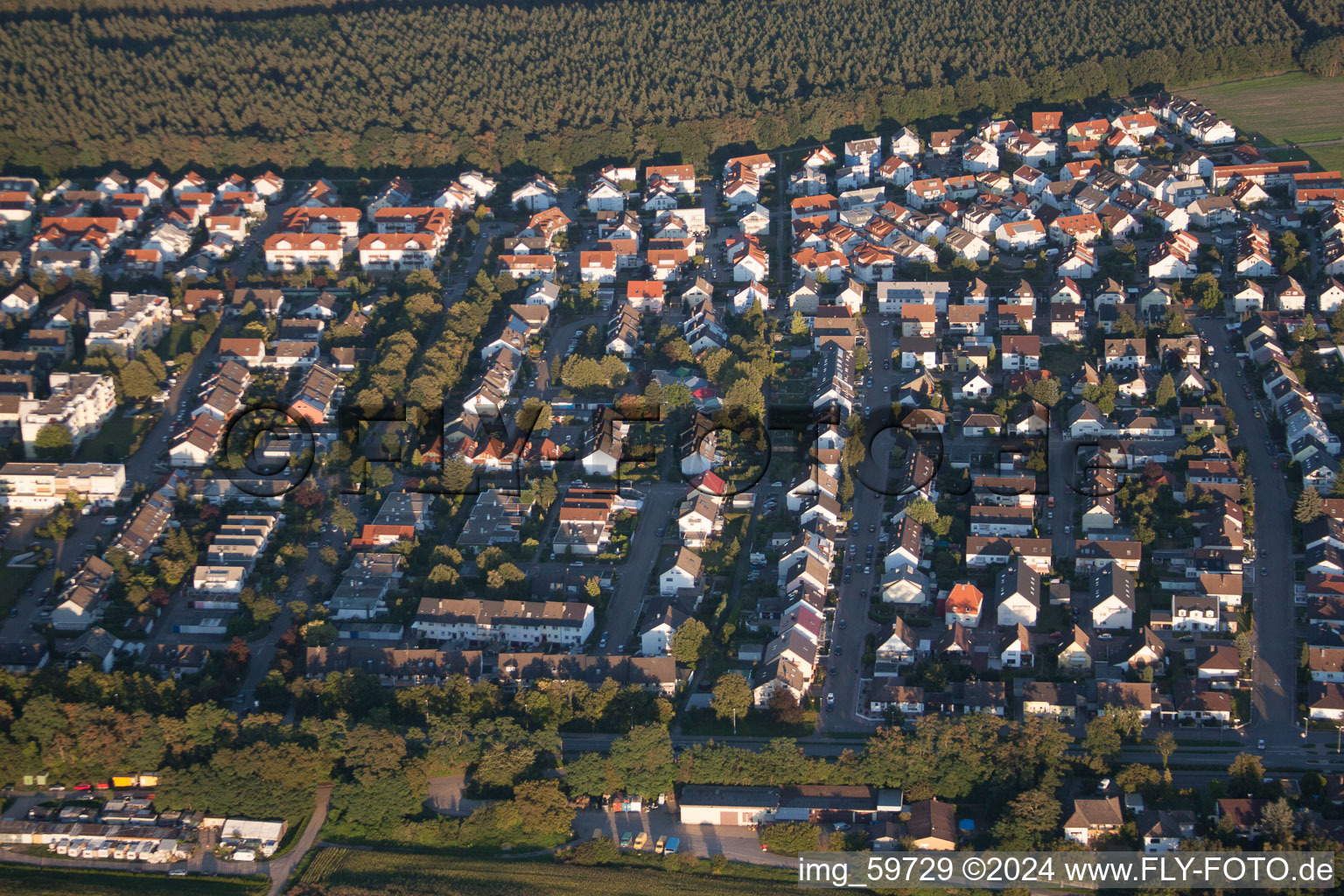 District Eggenstein in Eggenstein-Leopoldshafen in the state Baden-Wuerttemberg, Germany from the plane