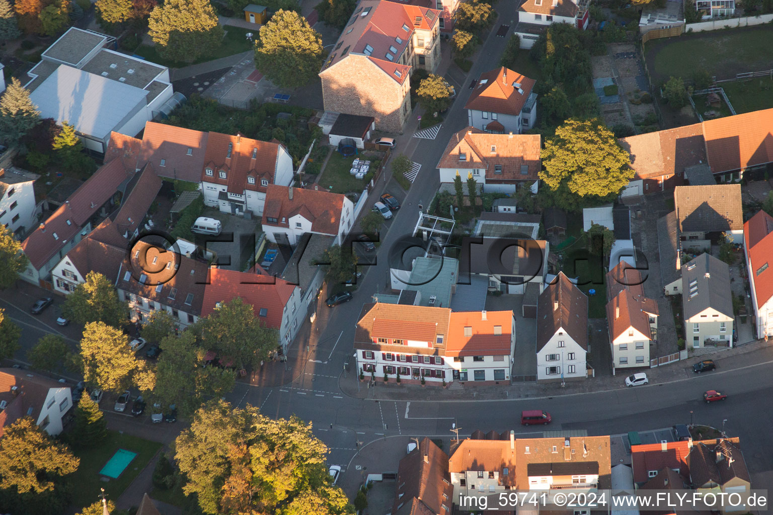 Oblique view of To the lion in the district Eggenstein in Eggenstein-Leopoldshafen in the state Baden-Wuerttemberg, Germany