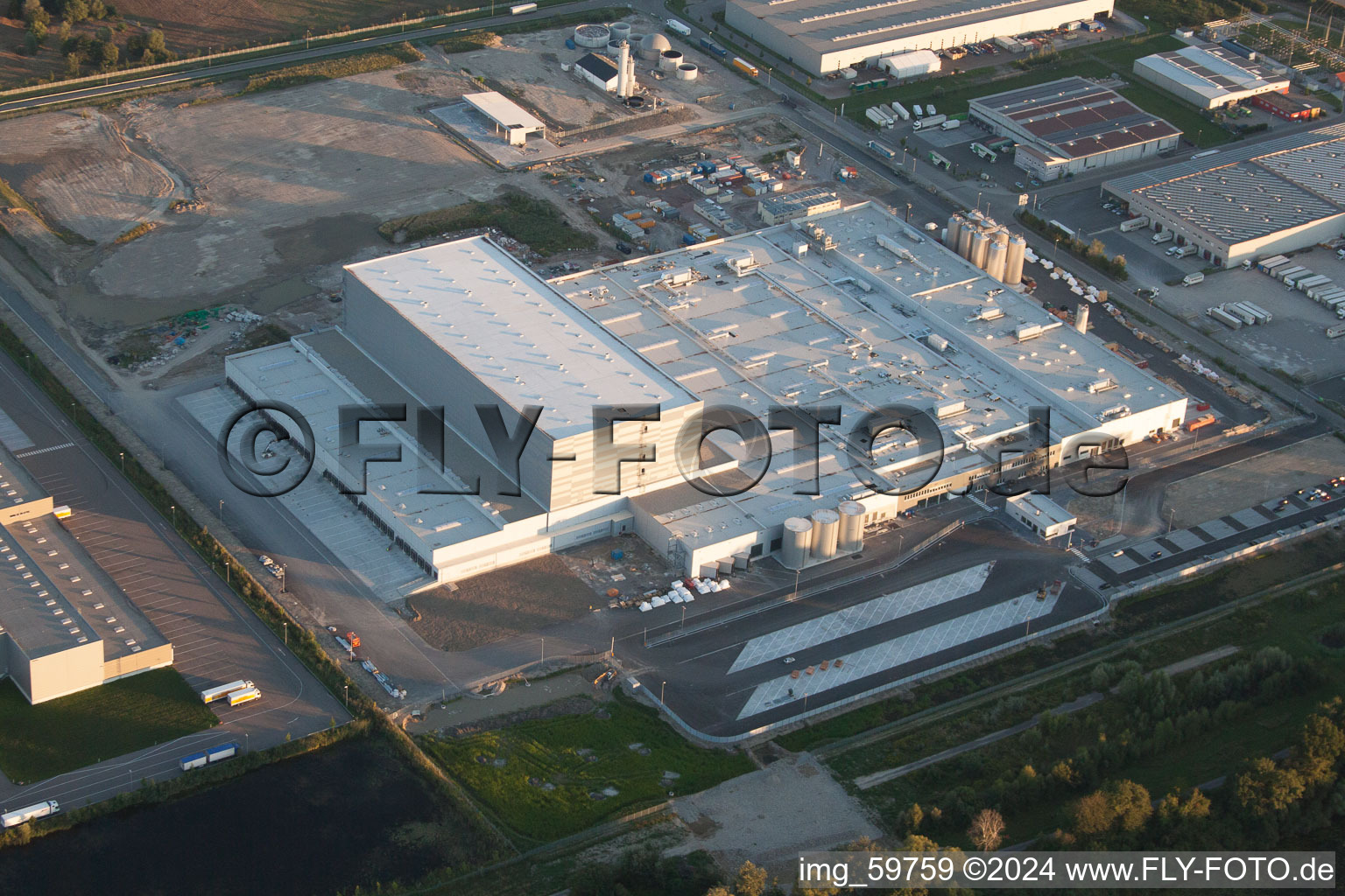 Oblique view of Oberwald industrial area in Wörth am Rhein in the state Rhineland-Palatinate, Germany