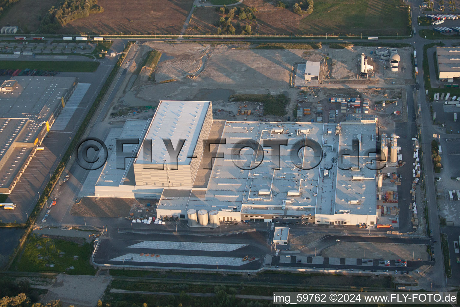 Oberwald industrial area in Wörth am Rhein in the state Rhineland-Palatinate, Germany seen from above