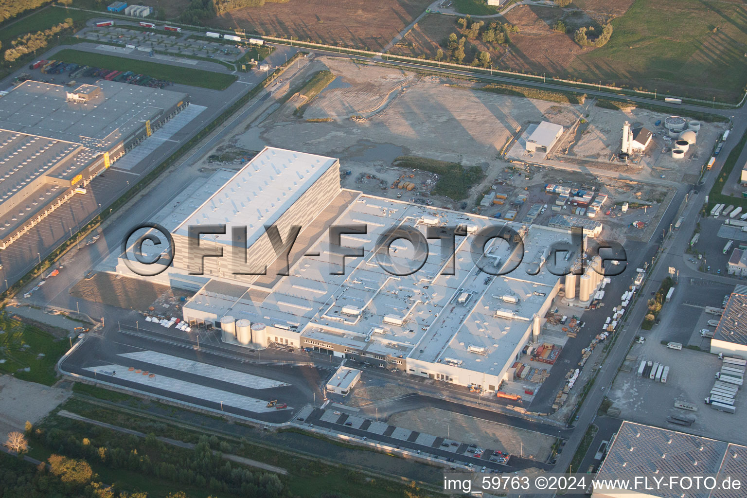 Oberwald Industrial Area in Wörth am Rhein in the state Rhineland-Palatinate, Germany from the plane