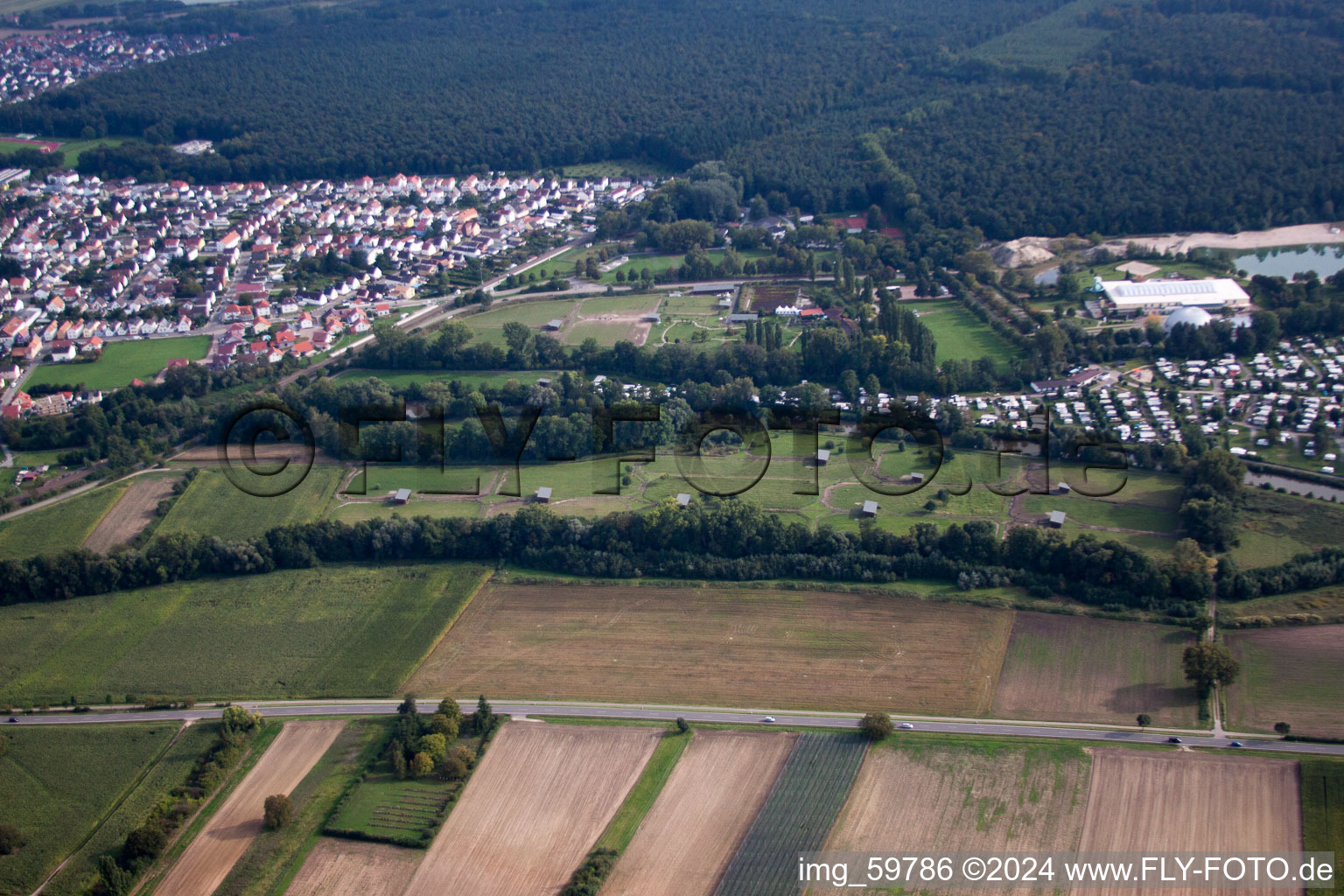 Aerial view of Mhou ostrich farm at the Moby Dick leisure centre in Rülzheim in the state Rhineland-Palatinate, Germany