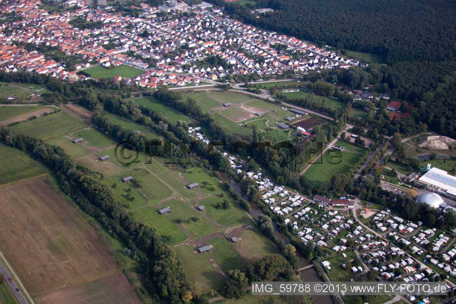 Aerial photograpy of Mhou ostrich farm at the Moby Dick leisure center in Rülzheim in the state Rhineland-Palatinate, Germany