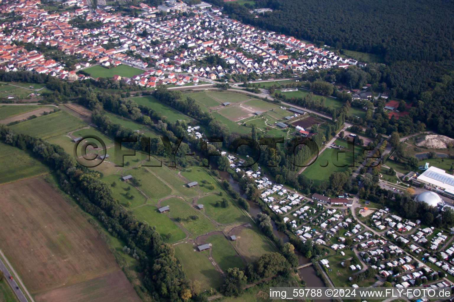 Aerial photograpy of Mhou ostrich farm at the Moby Dick leisure centre in Rülzheim in the state Rhineland-Palatinate, Germany