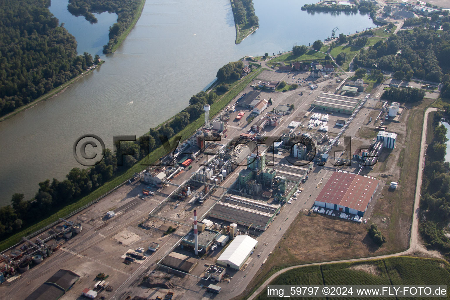 Aerial view of Rohm & Haas Industry on the Rhine in Lauterbourg in the state Bas-Rhin, France