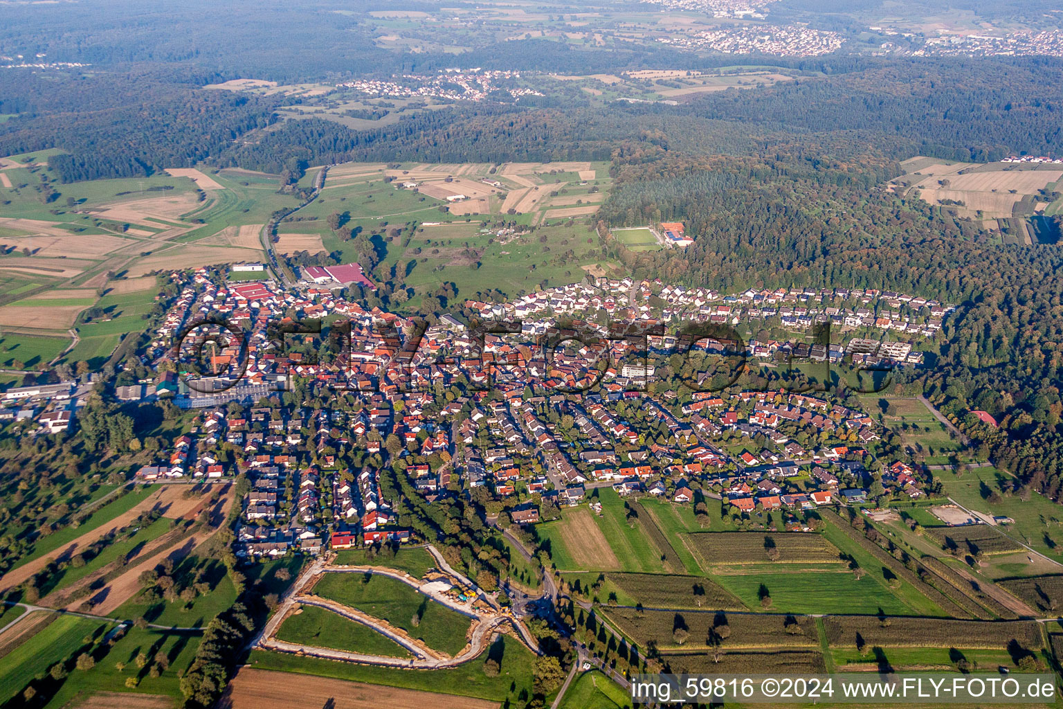 Aerial photograpy of Village view in the district Stupferich in Karlsruhe in the state Baden-Wuerttemberg, Germany