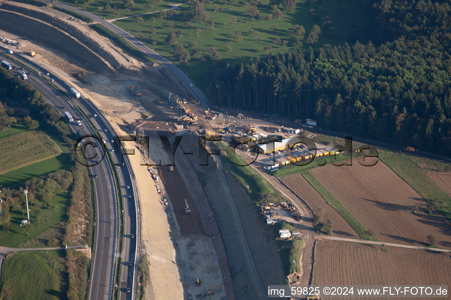 Aerial view of Mutschelbach, construction site A8 in the district Untermutschelbach in Karlsbad in the state Baden-Wuerttemberg, Germany