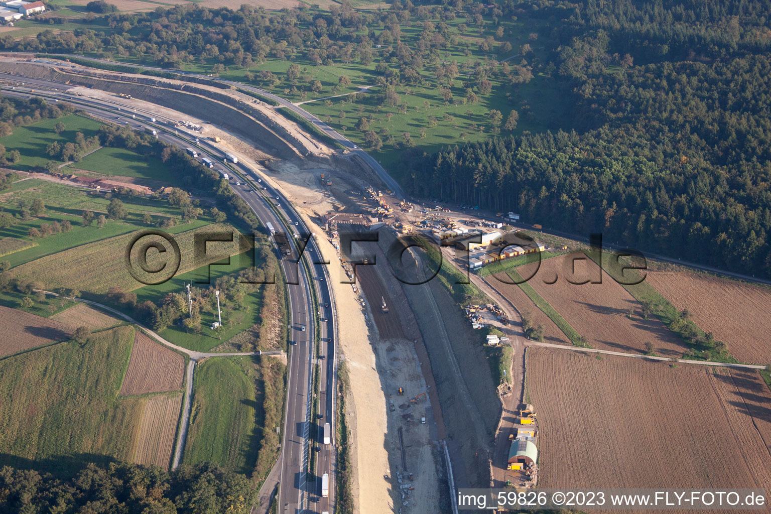 Aerial photograpy of Mutschelbach, construction site A8 in the district Untermutschelbach in Karlsbad in the state Baden-Wuerttemberg, Germany