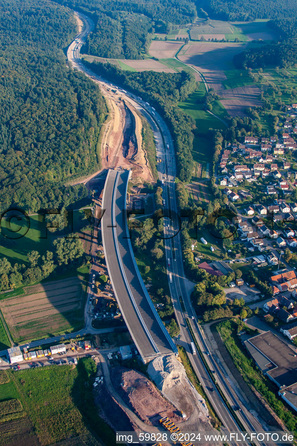 Aerial view of Mutschelbach, construction site A8 in the district Nöttingen in Remchingen in the state Baden-Wuerttemberg, Germany