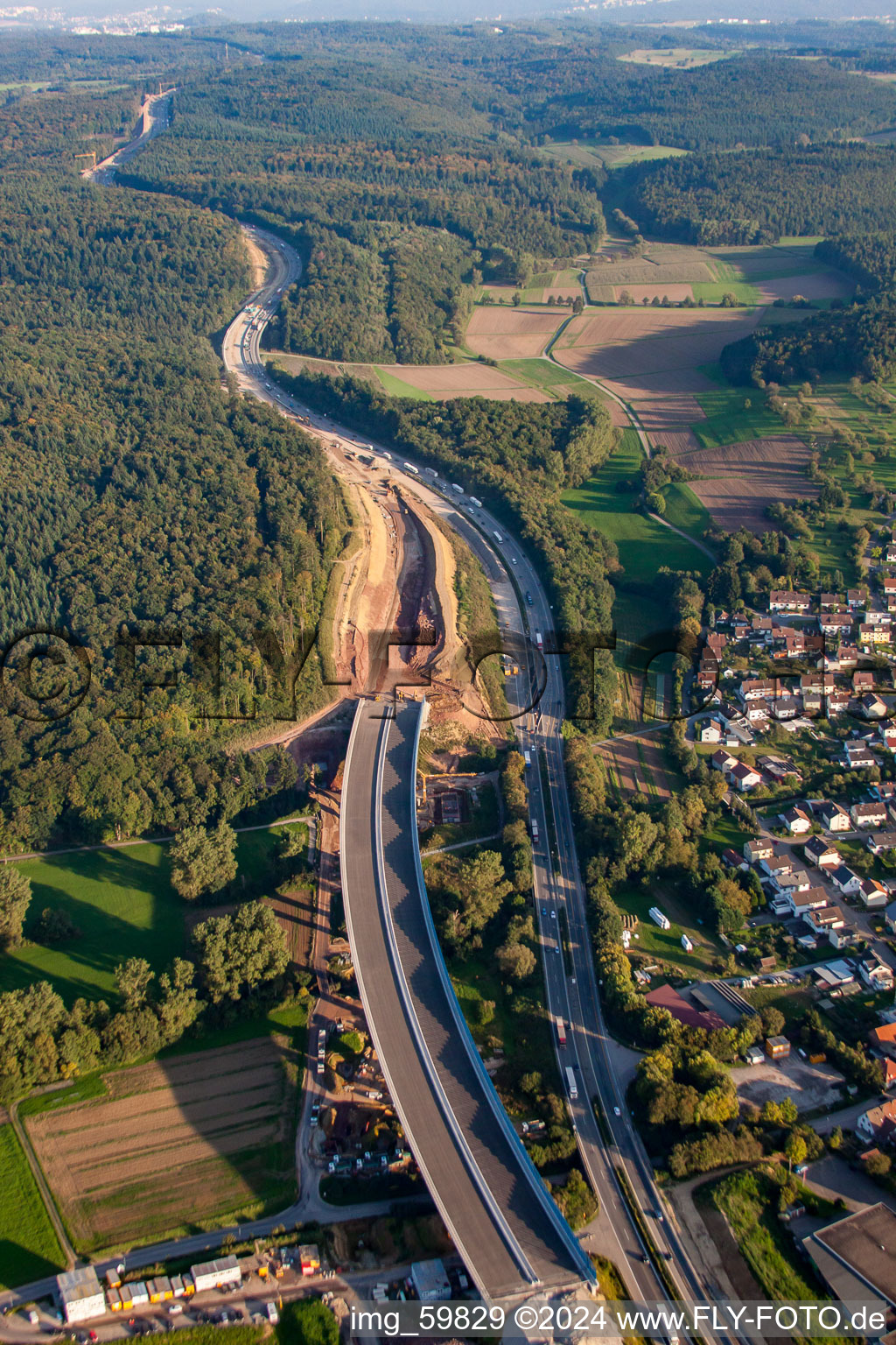 Aerial photograpy of Mutschelbach, construction site A8 in the district Nöttingen in Remchingen in the state Baden-Wuerttemberg, Germany