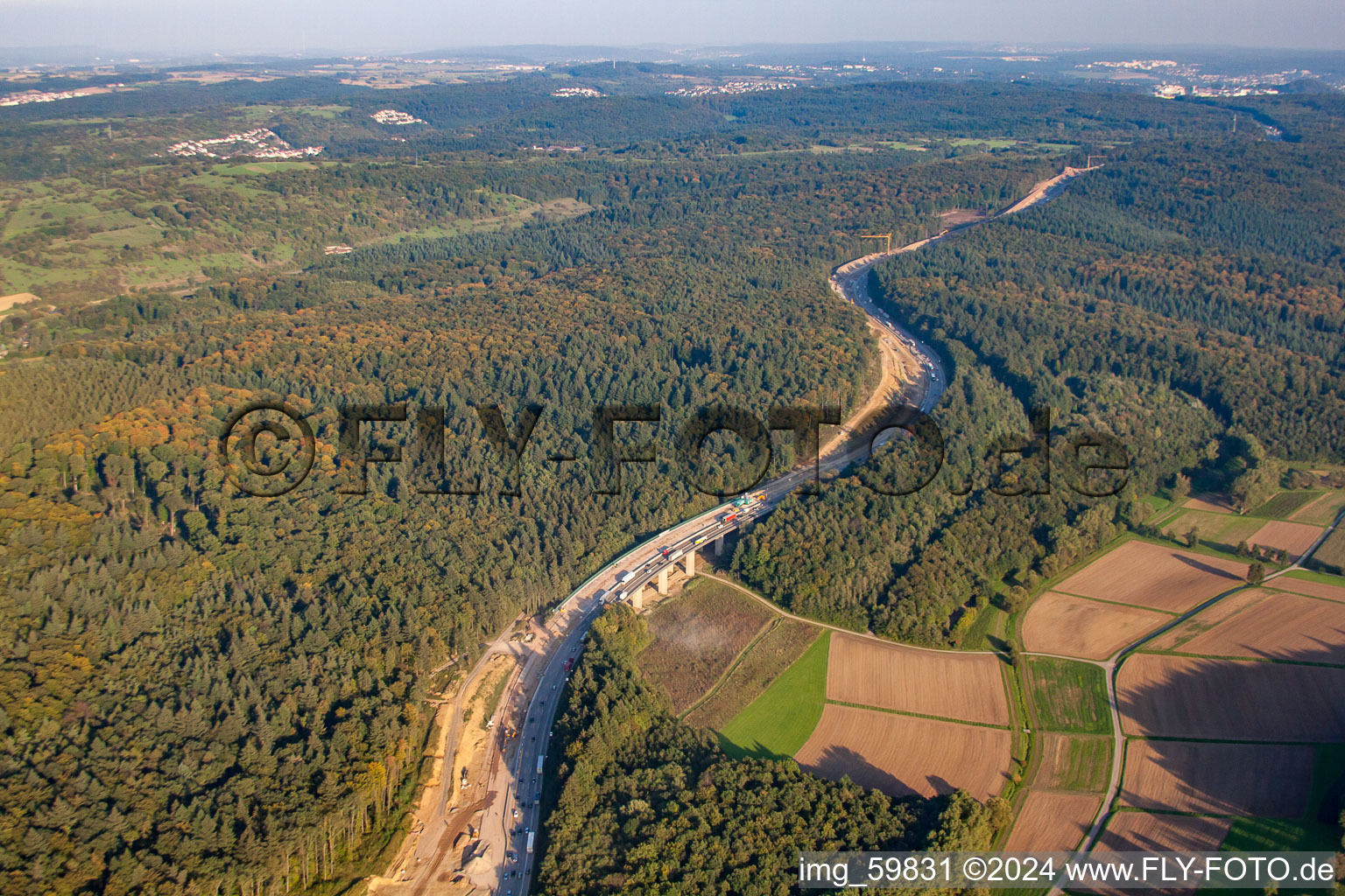 Oblique view of Mutschelbach, construction site A8 in the district Nöttingen in Remchingen in the state Baden-Wuerttemberg, Germany