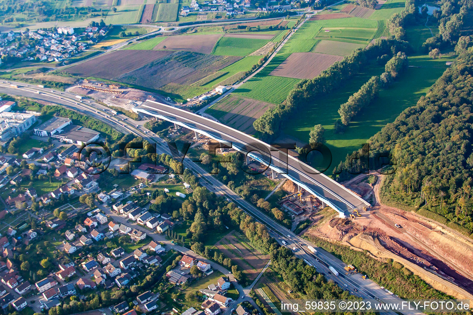 Mutschelbach, construction site A8 in the district Nöttingen in Remchingen in the state Baden-Wuerttemberg, Germany from the plane
