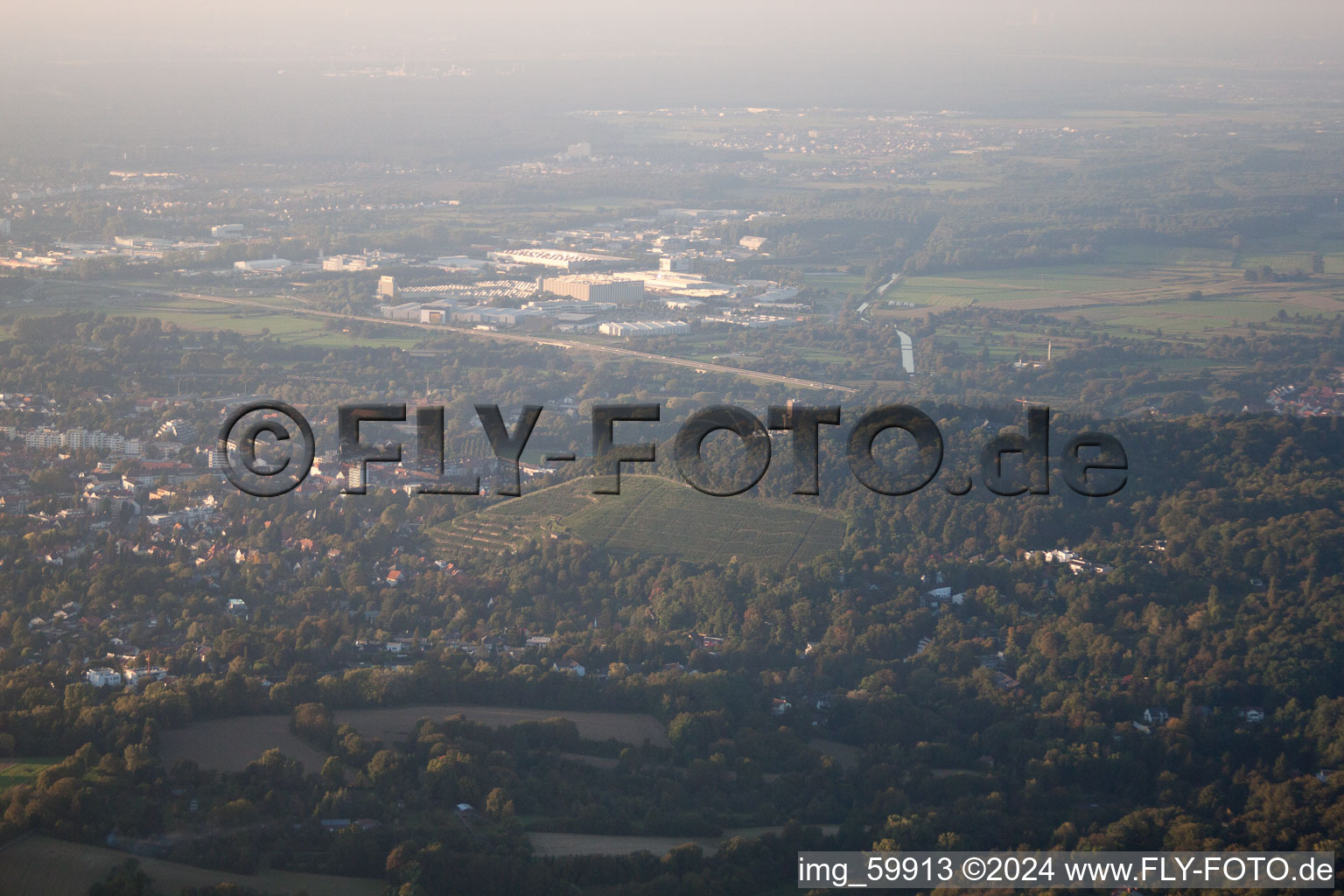 Turmberg in the district Durlach in Karlsruhe in the state Baden-Wuerttemberg, Germany from above